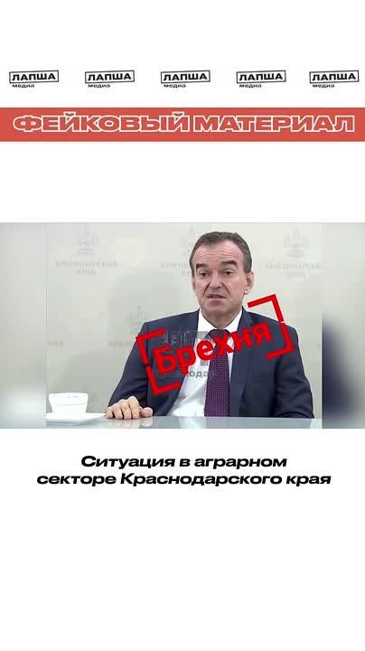 В Сети опубликовали дипфейк губернатора Краснодарского края, в котором он якобы сообщает о нехватке топлива для сбора урожая