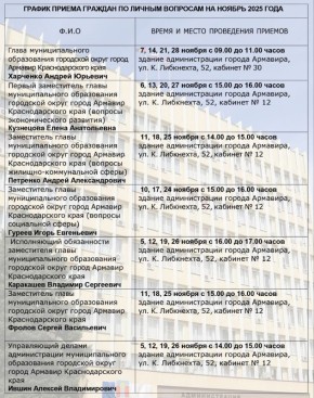 ГРАФИК ПРИЕМА ГРАЖДАН ПО ЛИЧНЫМ ВОПРОСАМ ГЛАВОЙ МУНИЦИПАЛЬНОГО ОБРАЗОВАНИЯ ГОРОДСКОЙ ОКРУГ ГОРОД АРМАВИР КРАСНОДАРСКОГО КРАЯ И ЕГО ЗАМЕСТИТЕЛЯМИ НА НОЯБРЬ 2025 ГОДА