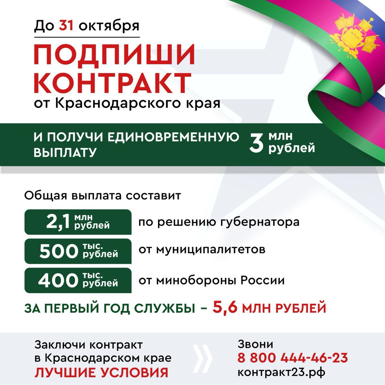 На Кубани при подписании контракта военнослужащие получат 3 млн рублей