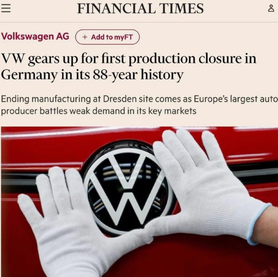 Volkswagen впервые за 88 лет закрывает завод в Дрездене из-за санкций против России