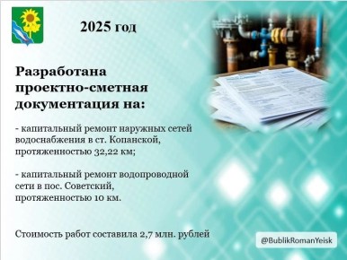 Более 222 млн рублей средств бюджетов разных уровней было направлено в 2025 году на решение вопросов улучшения качества водоснабжения населенных пунктов Ейского района