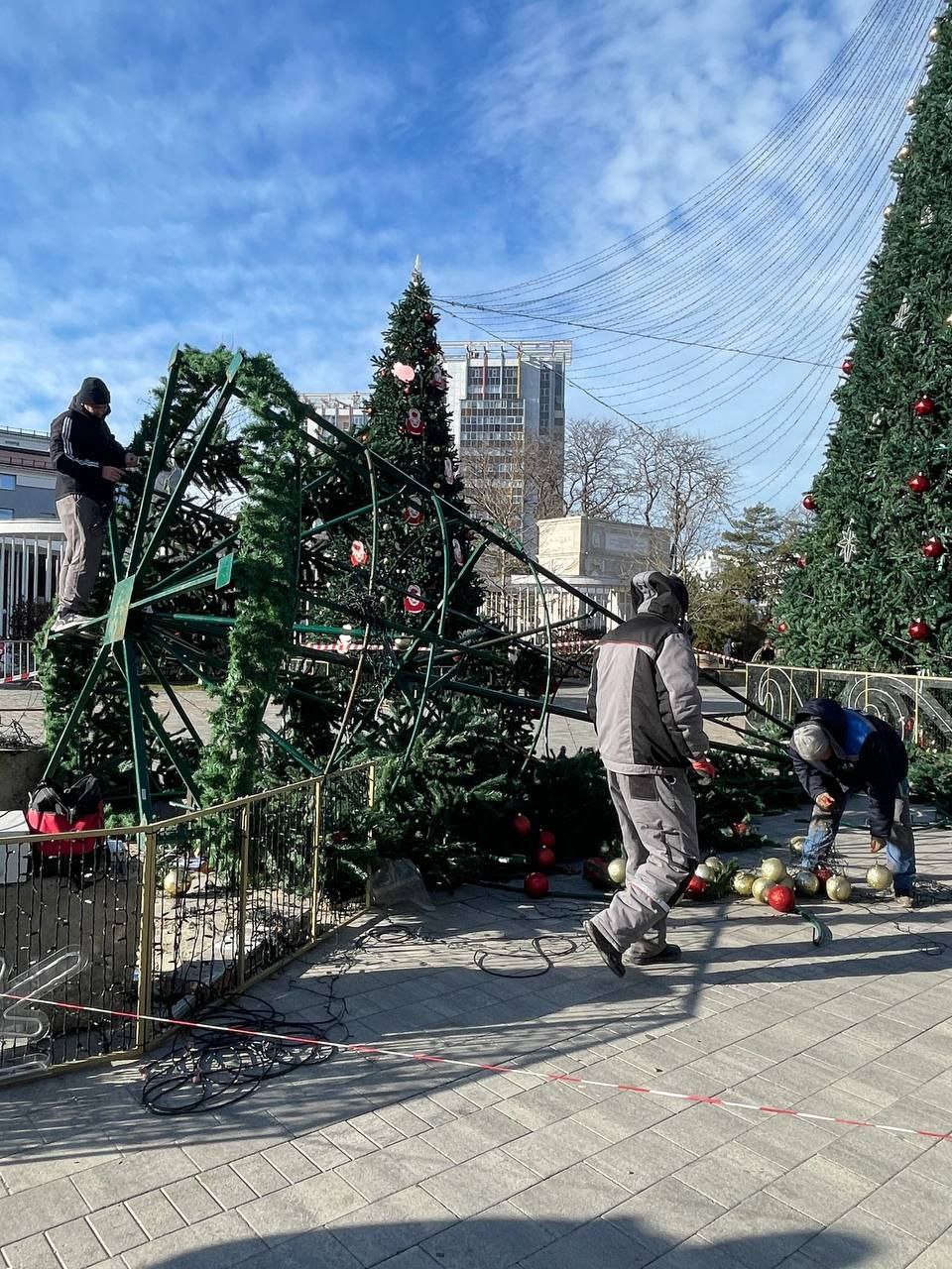 В Анапе порывы ветра уронили ёлку