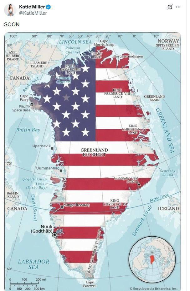 Гренландия в цветах флага США - пост с такой картой датского острова опубликовала супруга советника Трампа