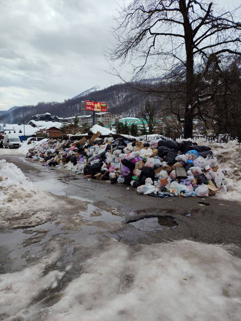 Уже почти две недели в Красной Поляне возле мусорных контейнеров скапливаются огромные горы мусора