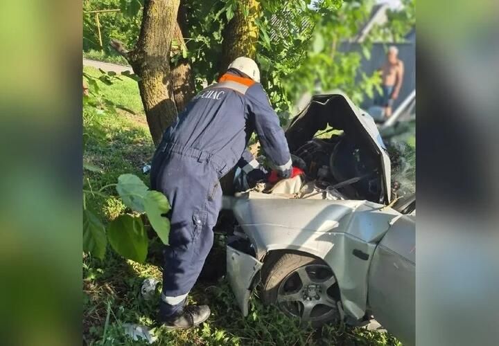 Спасатели в Краснодарском крае вырезали из машины зажатых в груду металла людей. Легковушка превратилась в гармошку после удара о дерево