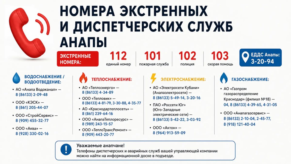 Напоминаем номера экстренных и диспетчерских служб Анапы