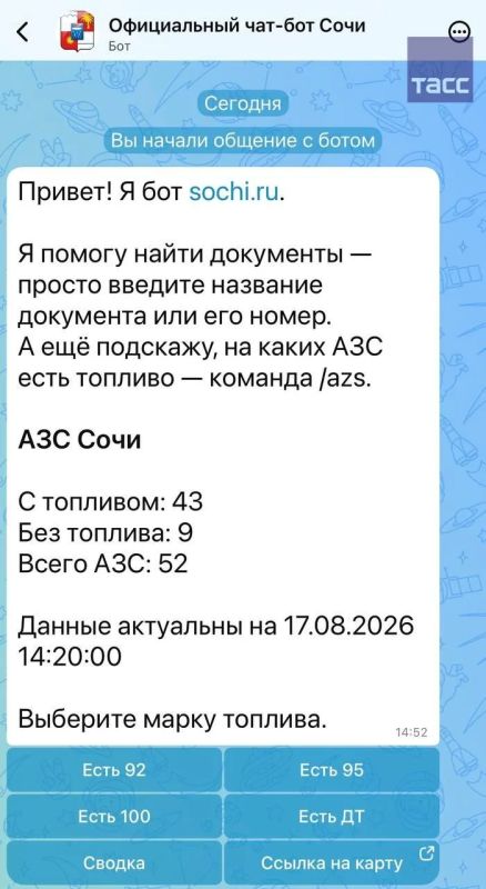 Информационный чат-бот о наличии топлива в Сочи появился в мессенджере "Макс", сообщили в администрации города-курорта