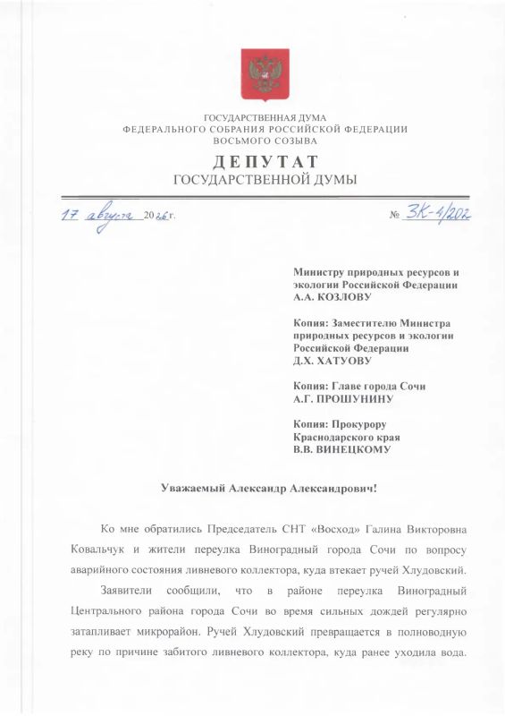 Константин Затулин обратился к Министру природных ресурсов и экологии Александру Козлову в связи с обращением жителей переулка Виногрданый в Сочи
