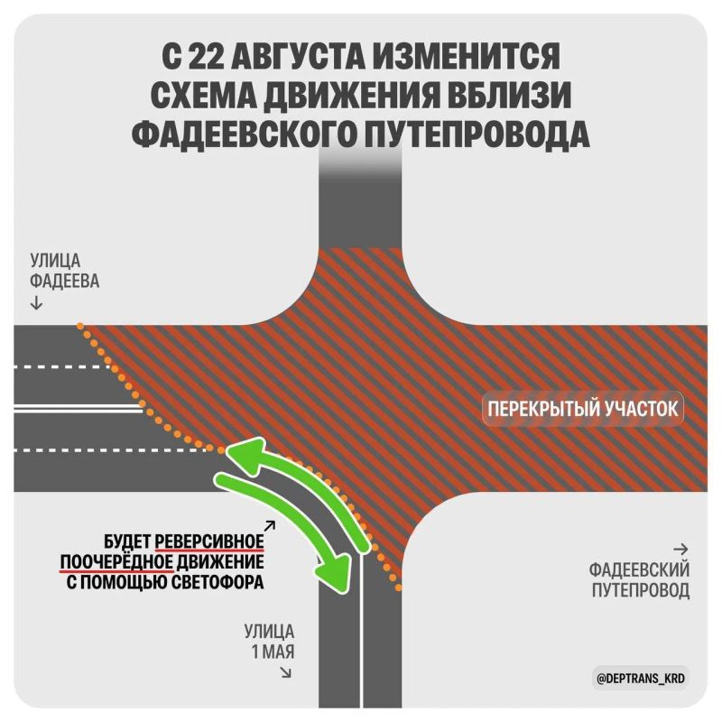 С 22 августа изменится схема движения вблизи Фадеевского путепровода в Краснодаре