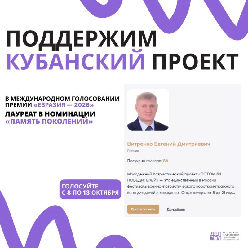 Участники молодежного патриотического проекта «ПОТОМКИ ПОБЕДИТЕЛЕЙ» представляют Краснодарский край в международном голосовании премии «Евразия – 2026» в номинации «Память поколений»