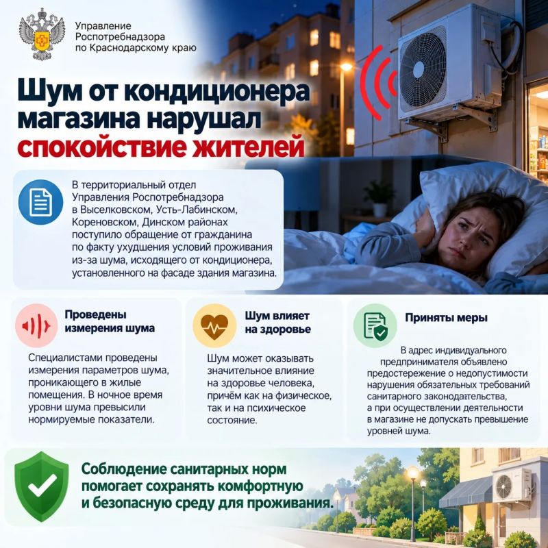 В территориальный отдел Управления Роспотребнадзора в Выселковском, Усть-Лабинском, Кореновском, Динском районах поступило обращение от гражданина по факту ухудшения условий проживания из-за шума, исходящего от кондиционера...