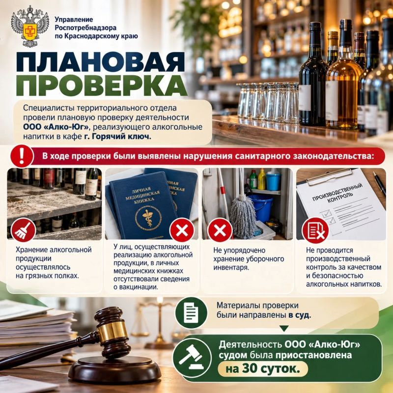 Специалисты территориального отдела провели плановую проверку деятельности ООО «Алко-Юг», реализующего алкогольные напитки в кафе г. Горячий ключ