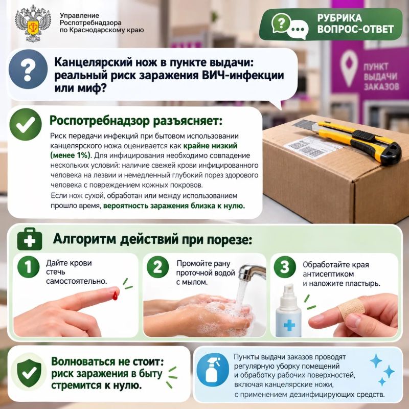 РУБРИКА #ВОПРОС_ОТВЕТ. Канцелярский нож в пункте выдачи заказов: реальный риск заражения ВИЧ или миф? В связи с распространением в интернете информации о возможном заражении инфекциями через канцелярские ножи общего...