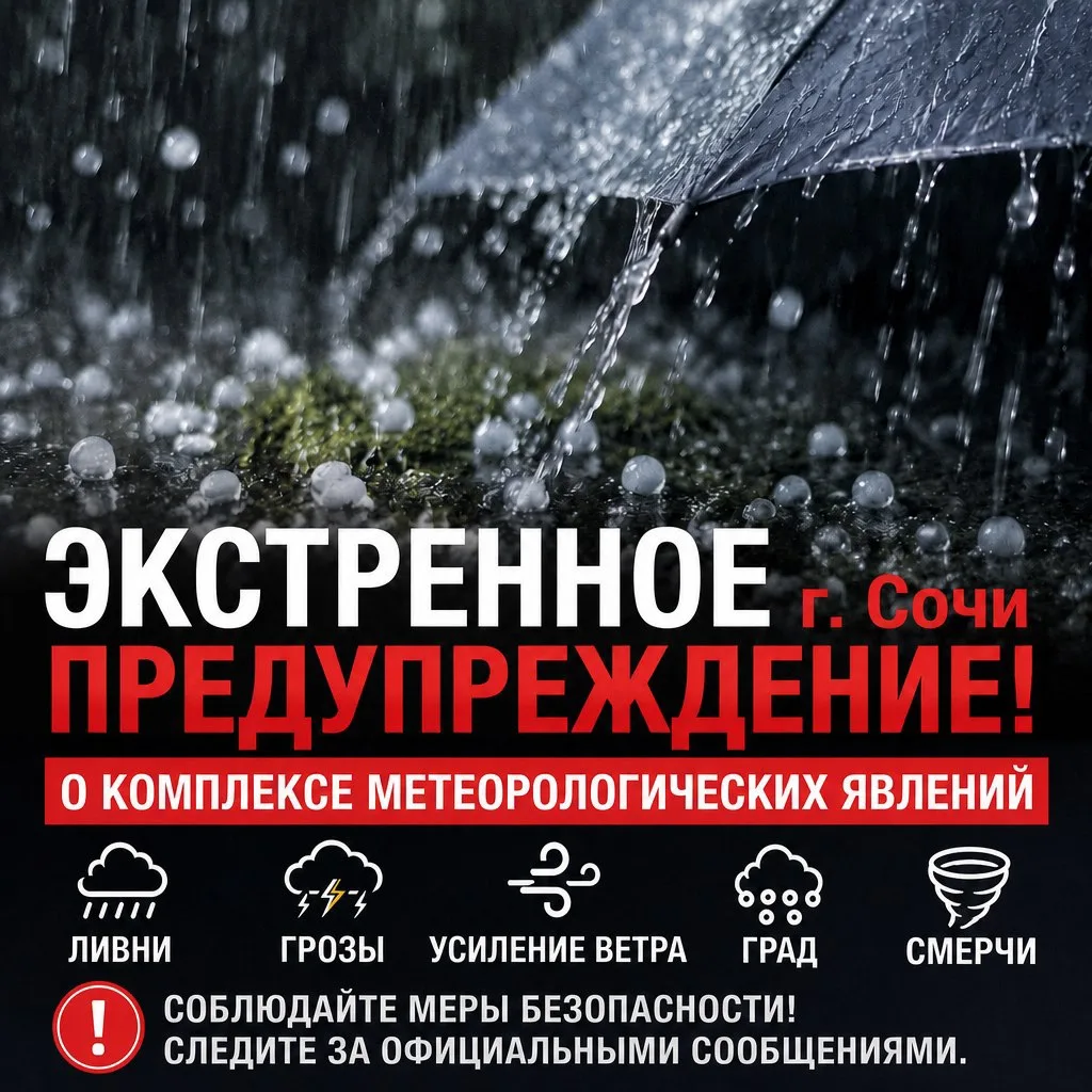 По данным Сочинского гидрометцентра, 31.10.2026 на территории г. Сочи и ФТ Сириус ожидается комплекс неблагоприятных гидрометеорологических явлений: сильные дожди, ливни в сочетании с грозой и градом и шквалистым усилением...